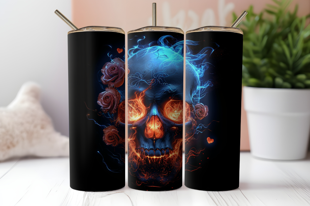 Blue Flaming Skull and Roses