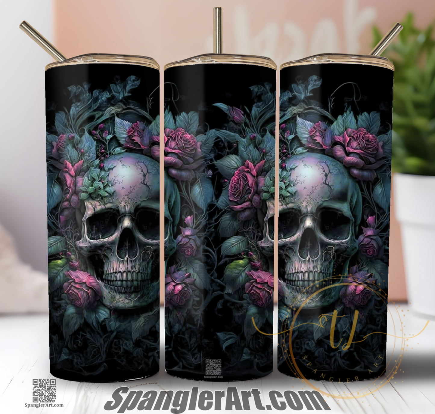 Pink Rose Skull Tumbler